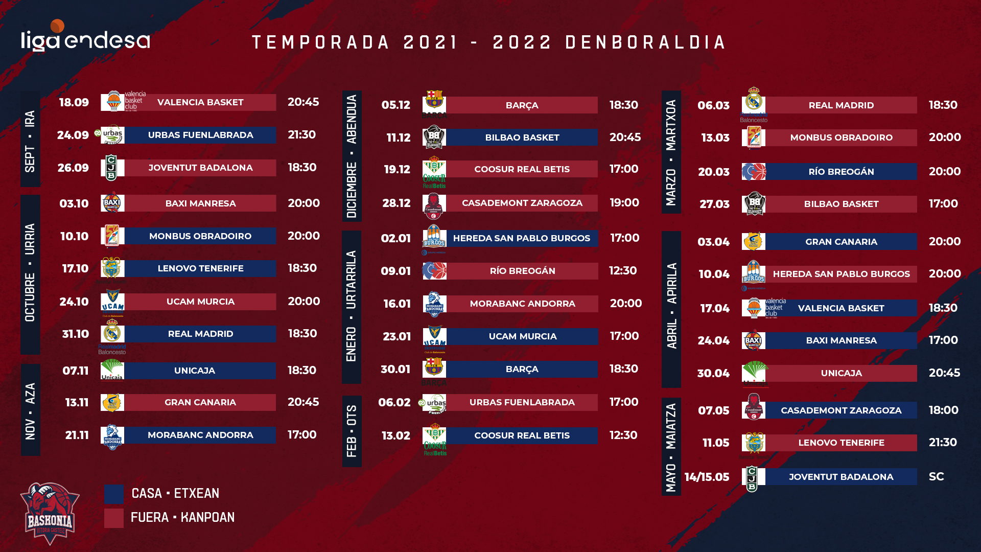 Comparación compañero Mierda Baskonia ya conoce el calendario de Liga Endesa 2021-22 - Saski Baskonia